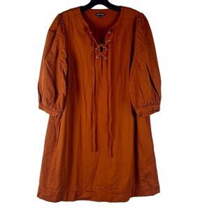 Who What Wear Burnt Orange Linen Blend Lace-Up Neckline Puff Sleeve Dress Small